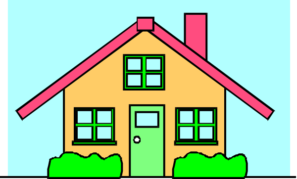 The image shows a colorful cartoon depiction of an old house with two visible windows on its front side; it has a pink roof and is situated in what appears to be a suburban neighborhood under clear skies, as indicated by no clouds present above or around the scene.
