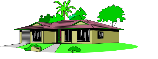 The image shows a stylized representation of an outdoor scene with two palm trees on either side of what appears to be a house in front of which there is a small garden area.