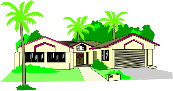 The image shows a digital illustration of two houses with palm trees against an evening sky background.