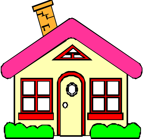 The image shows a cartoon depiction of two houses: on the left is an older house with red walls under a blue sky; to its right stands another smaller pink house next to it.
