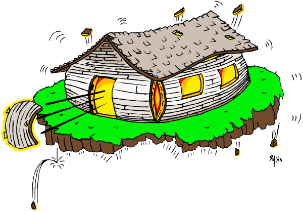 The black and white illustration shows a house on stilts with an open door atop it, surrounded by grassy ground under what appears to be a cloud-filled sky above.