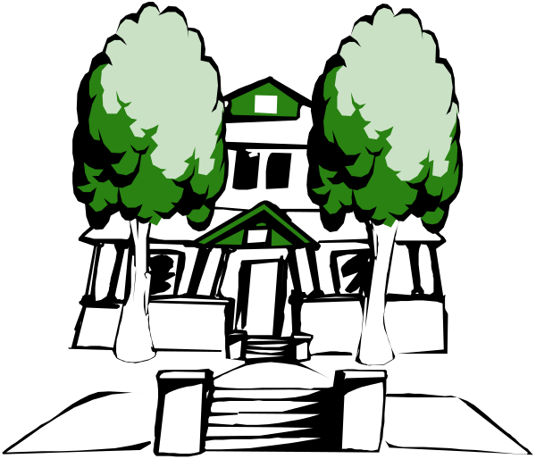 The black and white illustration shows a house with trees around it at nighttime on top of stairs leading up to an entrance door in front of which there is snow covering the ground.