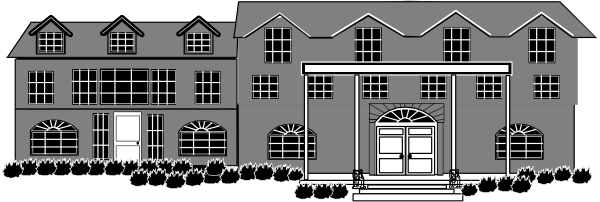 The black and white illustration shows a two story house with multiple windows on each floor, an arched doorway at ground level, and a chimney stack visible above it all.