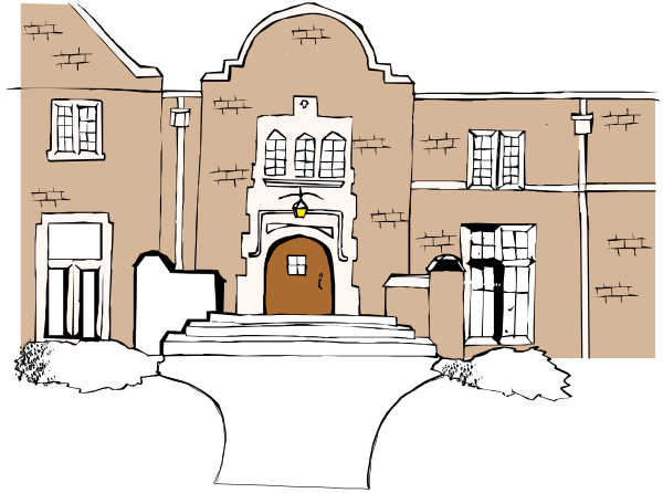 The black and white illustration shows a two story building with an entrance on each floor featuring arched doorways; there is no visible text in this image.