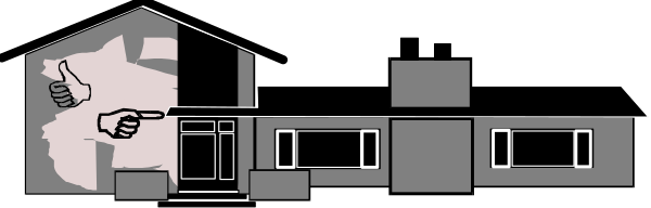 The black and white clip-art shows a train with multiple windows on its side traveling down tracks next to buildings that have doors open in an urban environment.