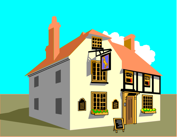 The image shows a cartoon depiction of an old English pub with two windows on its front facade, under which is a sign that reads "The Olde House." There's also a small wooden door and a chimney stack visible above it.