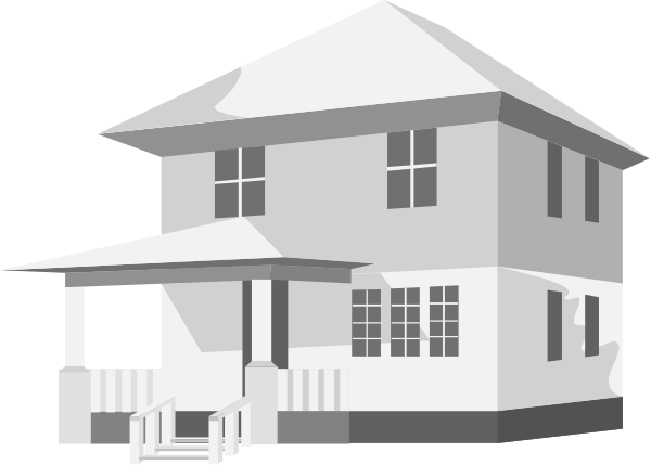 The image shows a simple black and white illustration of an old two story house with visible windows on both floors under what appears to be nighttime conditions.