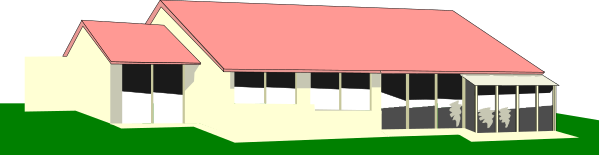 The image shows a simple cartoon depiction of two houses with red roofs next to each other on what appears to be an overcast day under gray skies.