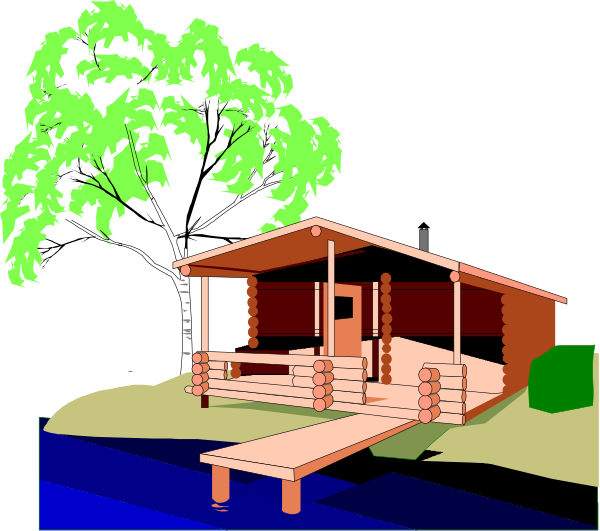 The image depicts a serene scene of an isolated cabin with wooden decking on stilts overlooking water under trees in what appears to be either springtime or autumn due to foliage coloration, suggesting it's not winter nor summer season.