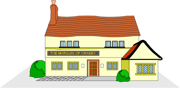 The image shows a cartoon depiction of an old pub with red brick walls under a dark sky at nighttime.