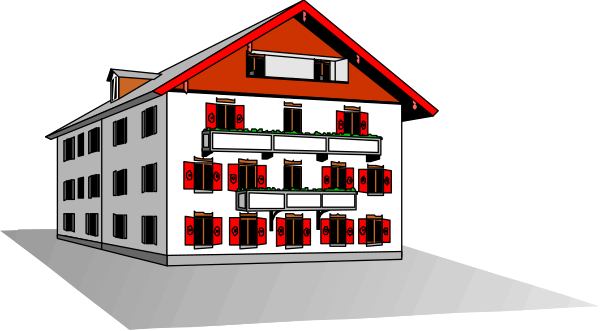 The image shows a cartoon depiction of an apartment building with multiple balconies featuring red railings against a white background; there is no text present in this clip-art illustration.