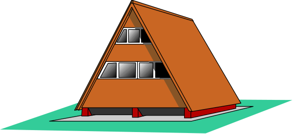 The image shows a cartoon depiction of an orange tent with two windows on top set up near water's edge in what appears to be a camping area during daylight hours under clear skies.