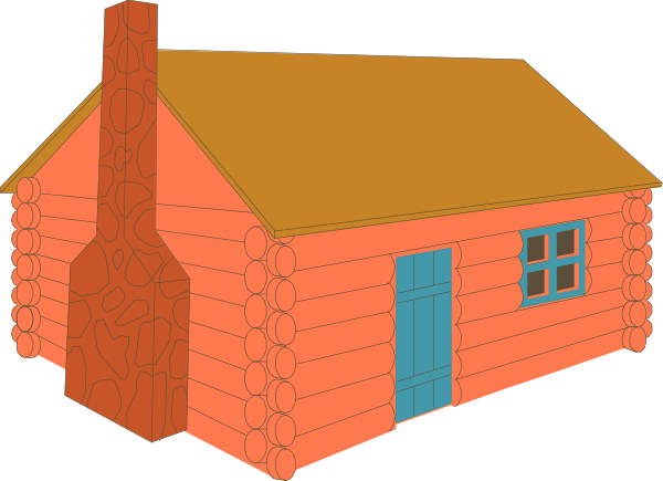The image shows a cartoon depiction of two log cabins with orange roofs against an outdoor background that includes trees in autumnal hues; there is no text present within this small clip-art illustration, and it appears to be stylized for use as part of a larger design or project.