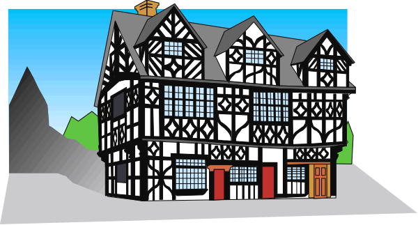 The image shows a cartoon depiction of an old English house with two visible windows on each side at ground level; there is no text present in this small clip-art illustration.