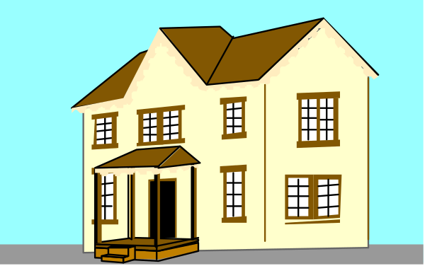 The image shows a cartoon depiction of an old two story house with white walls on both floors, brown trim around windows and doors, black shutters over windows, gray roofing tiles, dark green front door flanked by sidelights, small porch area in front of it, and no visible people or animals.