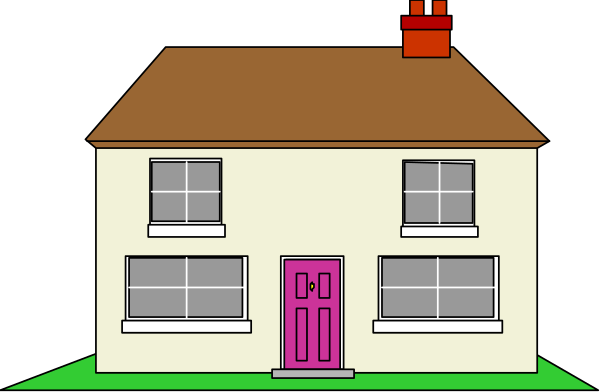 The image shows a two-story house with pink doors under a dark sky at nighttime.