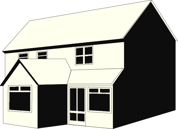 The black and white illustration shows a simple house with two visible windows on its front side, situated next to what appears to be another building that could possibly serve as an extension of the same structure due to their close proximity in this small clip-art image.