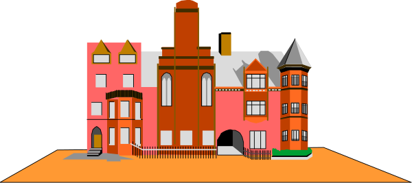 The image shows a cartoon depiction of an old town with two houses on either side of a street; there is no text present in this clip-art illustration.