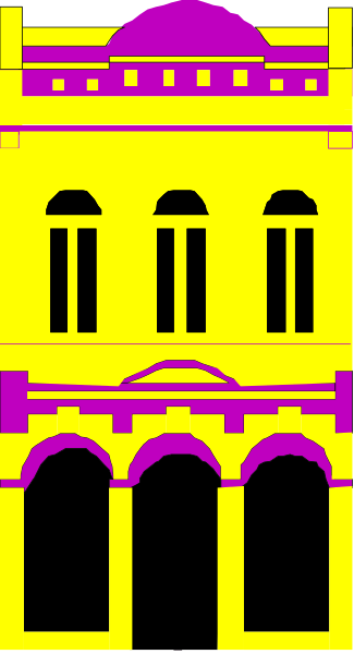 The image shows a stylized depiction of an old building with columns against a purple background; it is rendered as clip-art in black outline on top of yellow fill coloring.