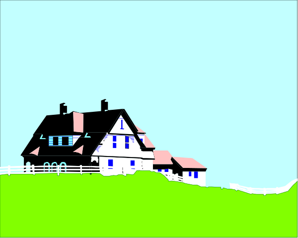 The image shows a pixelated representation of an idyllic countryside scene with two houses on either side of a river under blue skies; there is no text present in this small clip-art image.