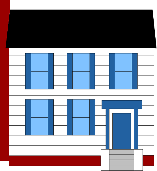 The image shows a stylized depiction of an old house with blue shutters on red brick walls under a black roof, featuring white trim around windows and doors; there is no visible text in this clip-art illustration.