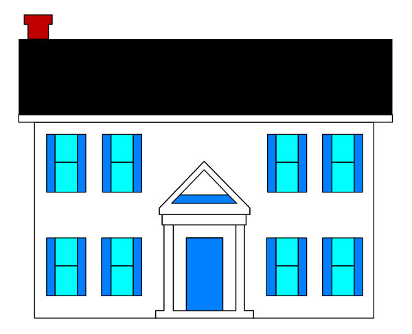 The image shows a simple black and white illustration of an old house with shuttered windows under what appears to be nighttime conditions; there is no visible text in this clip-art representation.