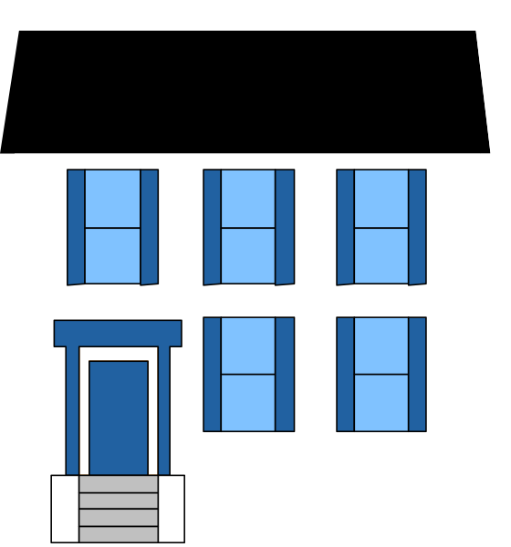 The image shows a simple line drawing of an American house with blue shutters on windows, white siding, black roofing shingleles, gray door trim around front porch steps leading to a dark-colored entryway and doorway, which is flanked by two columns supporting a small overhang above the entrance. A single light fixture hangs from this overhanging structure. The house has an attached garage with white doors on its left side. In front of the home stands a wooden utility pole next to a street lamp that appears to be off during daylight hours, and there is no visible