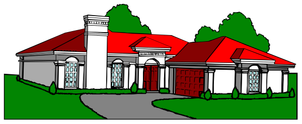 The image shows a stylized house with red roofs on top of two sections connected by an arched walkway in front of them; there is no visible text within this small clip-art illustration, and it appears to be designed for coloring or as part of some sort of activity.