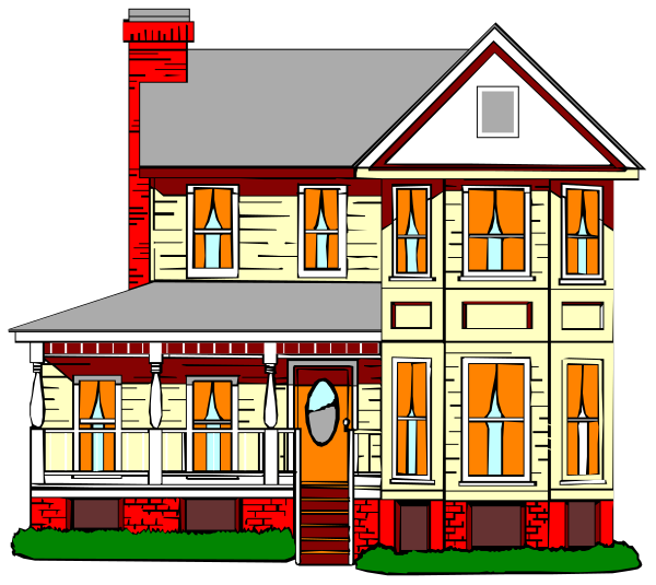 The image shows a two story house with white walls and red trim on its windows and roofline during nighttime under dark skies.