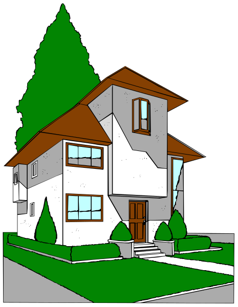 The illustration shows a two story house with brown walls on both levels, white trim around windows and doors, gray roofing shingles, dark green shutters over windows, black framed glass window panes, light colored front door flanked by sidelights, small porch area in the center of first floor with railings along sides. The yard is landscaped with a well-maintained lawn, and there are trees visible on both left and right side yards.