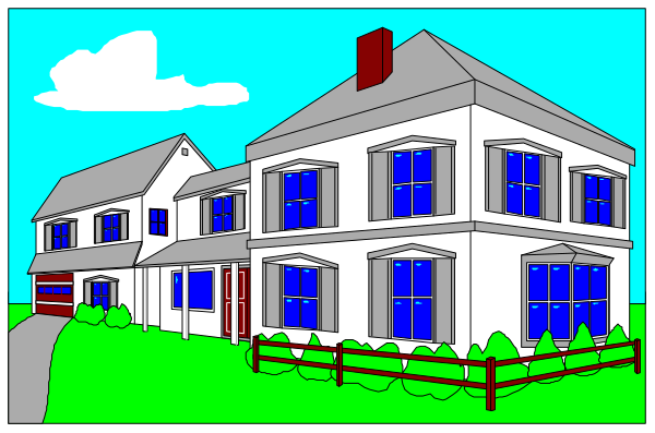 The image shows a two panel comic strip featuring an illustration of a house with blue shutters on both windows; it is depicted in one frame as being next to a fence under clear skies during daylight, and then shown from another angle where its front door has been replaced by the same style drawing.