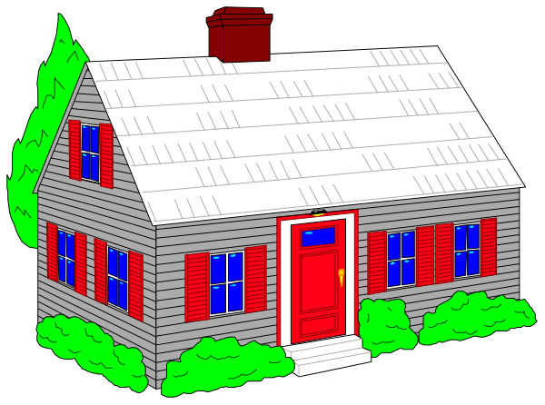 The image shows a cartoon depiction of an old house with red shutters on windows, white siding, green roofing shingles, black chimney stack, gray door frame around front entrance, blue trimmed window frames and doors, two small trees in background to left side, dark brown wooden fence surrounding property.