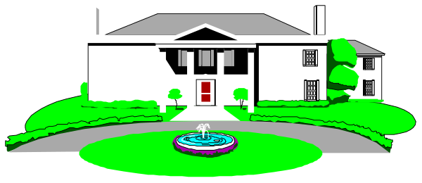 The image shows a cartoon depiction of an upscale residential house with manicured lawns under clear skies at nighttime.