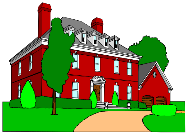 The image shows a cartoon of an old red brick house with white trim windows under a blue sky background.