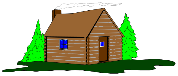 The image shows a cartoon depiction of an old log cabin with smoke coming from its chimney set against a dark background that suggests nighttime.