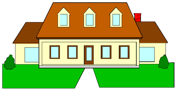 The image shows a cartoon depiction of an old house with two visible windows on each side, set against what appears to be nighttime sky background.