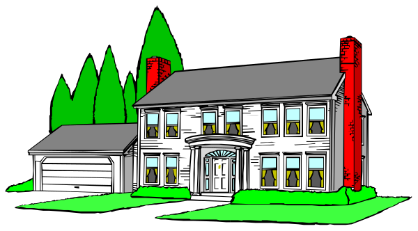 The black and white illustration shows a two story house with multiple windows on each floor, an attached garage to its left side, and is situated in front of trees under what appears to be nighttime conditions due to dark sky background.