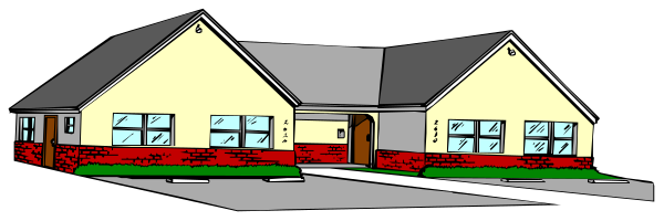 The image shows a black and white illustration of three houses with red roofs on what appears to be an overcast day in a suburban neighborhood.
