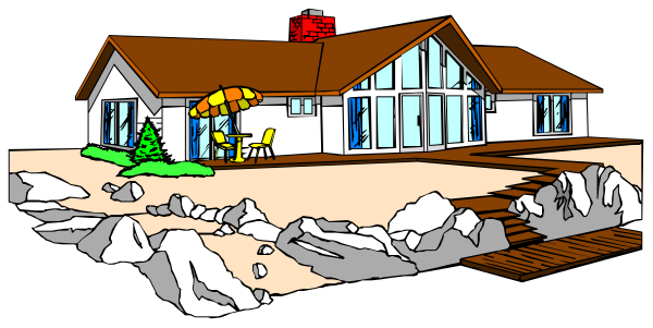 The image shows a cartoon depiction of an isolated house with a large front porch on stilts overlooking rocks at its base; there is no visible text in this small clip-art illustration.
