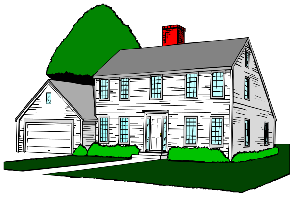The image shows a cartoon drawing of an old house with two visible windows on its front side under what appears to be nighttime conditions; there is no text present in this small clip-art illustration.