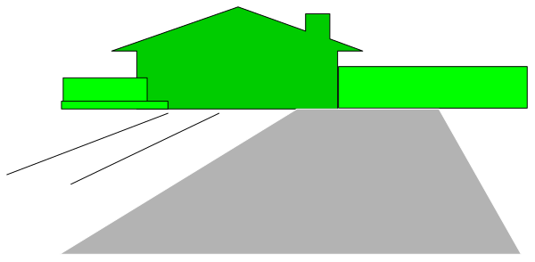 The image shows a pixelated house with an attached garage on top of it against a dark background.