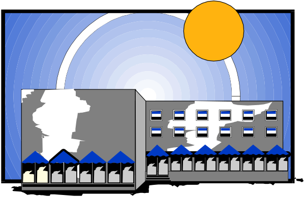 The image shows a cartoon depiction of an outdoor scene with buildings under blue skies during daylight hours; there is no visible text in this clip-art illustration.