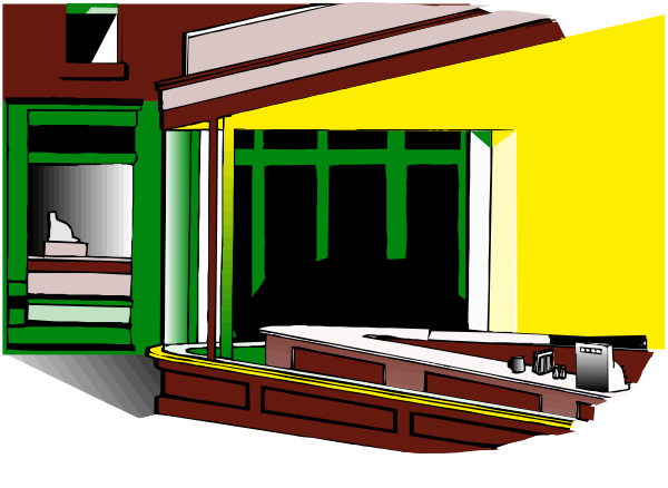 The image shows a black and white illustration of an old fashioned storefront with large windows displaying various items inside; there is no text present in this clip-art piece.
