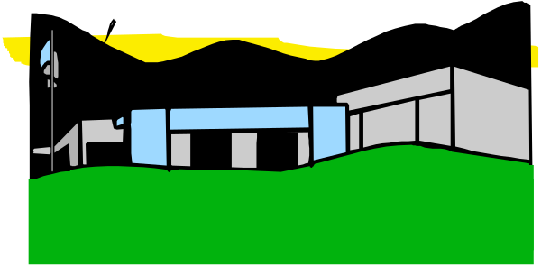 The image shows a black and white illustration of an outdoor scene with two buildings: on the left is what appears to be a small house-like structure; next to it stands another building that looks like a larger, more modern one. There's no text or color in this clip art picture.