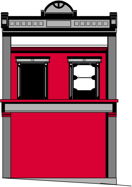 The image shows a red building with two windows on its facade; there is no visible activity within these spaces.