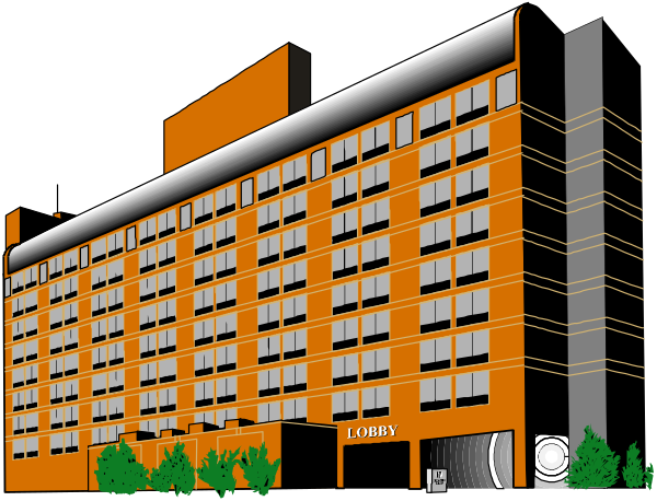 The image shows a tall building with many windows at nighttime against an orange sky background.