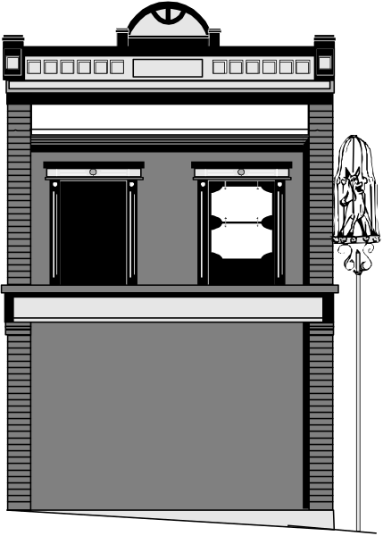 The black and white illustration shows a storefront with two windows on either side of an entrance door at street level; above it is another window that appears to be part of a residential apartment unit. A person stands in front, looking towards their right where there's no visible object or action taking place outside the frame. The setting suggests this could be located within an urban environment with buildings close by and possibly other shops nearby due to its commercial nature indicated by storefront design elements like windows for displaying merchandise.