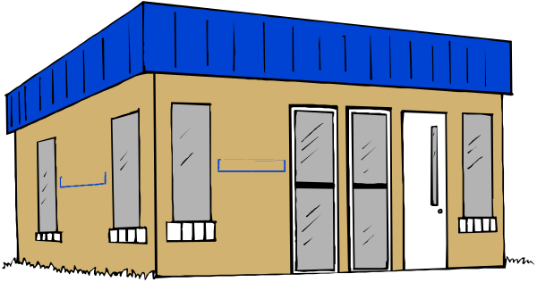The image shows a simple line drawing of two buildings with blue roofs next to each other at night under dark skies; there is no text present in this clip-art illustration.