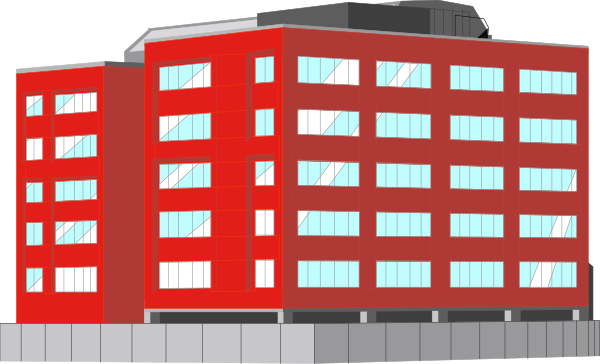 The image shows a three-story red building with white windows on each floor, set against an urban background that includes another tall structure to its right side.