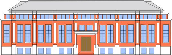 The image shows a building with red walls and white trim around windows; there is no visible activity within it.